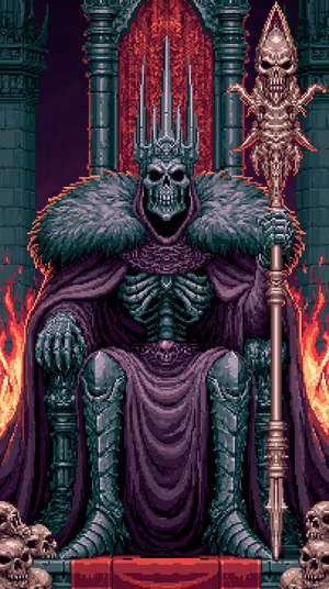 Pixel art Lich King seated on a throne with skull staff, purple and teal palette, dark gothic aesthetic, ultra HD image