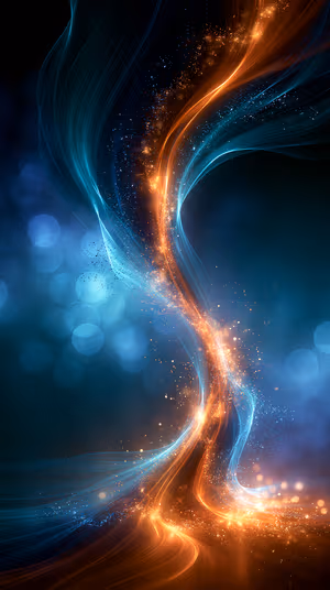 Luminous abstract light ribbon centered on teal blue and warm orange background in a dynamic digital aesthetic, ultra HD image