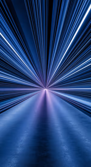 Futuristic blue light tunnel centered on a purple blue background in a sleek abstract aesthetic.