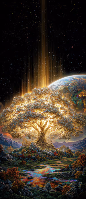 Luminescent cosmic tree centered on a golden, colorful background in a prismatic fantasy aesthetic ultra HD image.