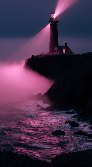 Moody lighthouse on a magenta ocean coast against a dark blue night sky