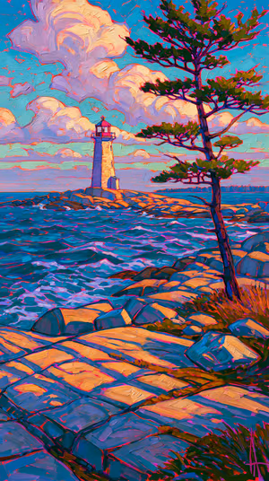 Painterly lighthouse centered on a teal and coral rocky shore in impressionist oil paint aesthetic, ultra hd 8K background