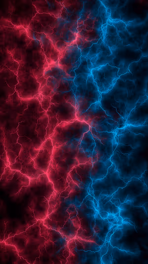 Neon abstract lightning split with red and blue energy veins on dark background, ultra HD 8K iPhone background.