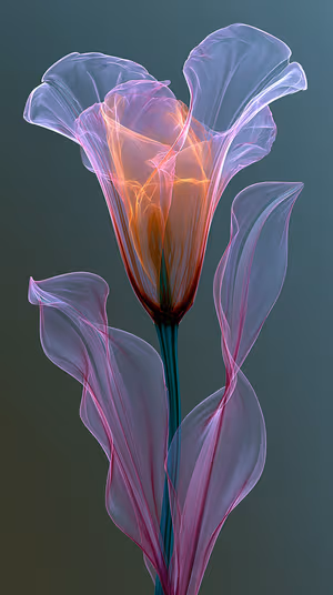 Ethereal translucent lily with glowing pink and teal tones on a muted gray green background, ultra HD 8K image.