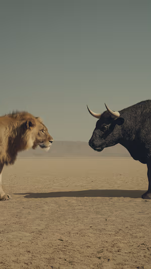 Cinematic lion and bull face off centered on a muted, sandy desert background, ultra HD image.