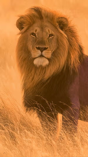 Wildlife portrait lion centered on a golden amber background with majestic mane Ultra HD 8K background for iPhone