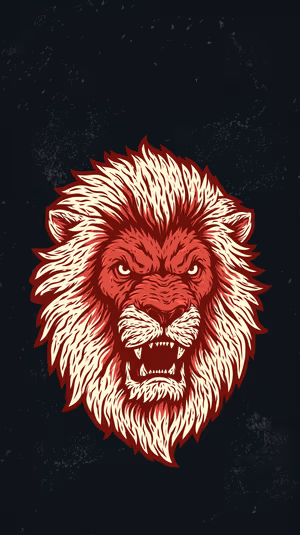 Illustrative roaring lion head in red and cream tones centered on a dark grunge background ultra HD 8K image.