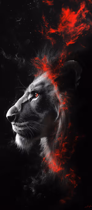 Dark abstract lion profile centered on a black background with fiery red particles, ultra HD image.