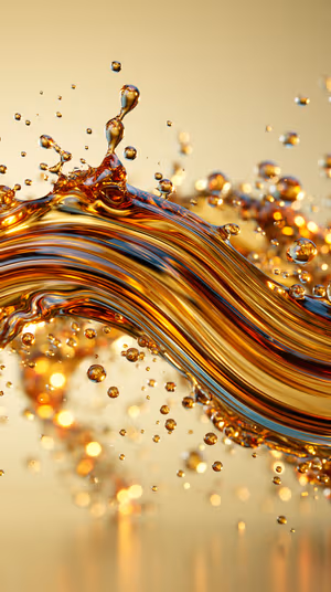 Luminous abstract liquid gold wave with suspended droplets on a warm gold background, ultra HD 8K background.
