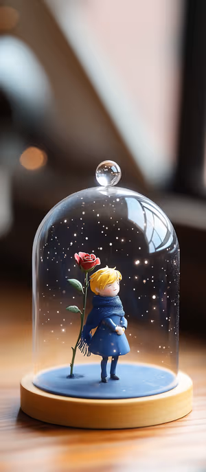 3D render Little Prince figurine under glass dome with red rose and blue scarf on wooden base ultra hd 8K background
