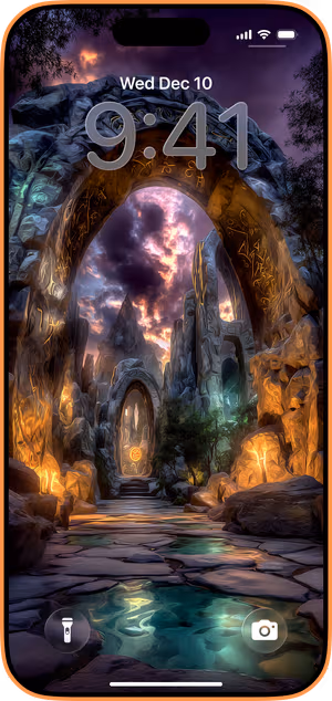 Wallpaper preview on iPhone 17 Pro Max running iOS 26 - Mystic Rune Portal