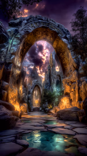 Dramatic fantasy mystic portal archway centered on a purple orange stormy sky with glowing runes and reflective pools, ultra HD image.