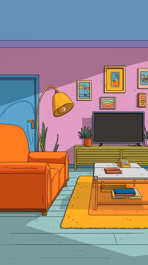 Cartoon style living room interior with orange couch and yellow lamp on a purple wall in playful retro illustration, ultra hd 8K background