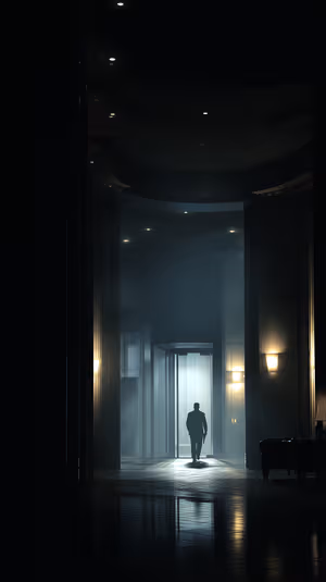 Film noir cinematic silhouette in a blue lit hotel lobby with reflective floor and dramatic shadows ultra HD image.