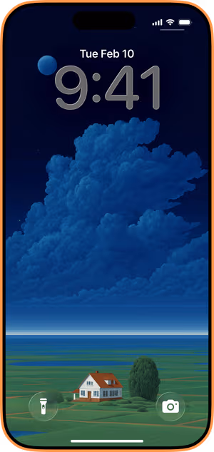 Wallpaper preview on iPhone 17 Pro Max running iOS 26 - moonlit cottage