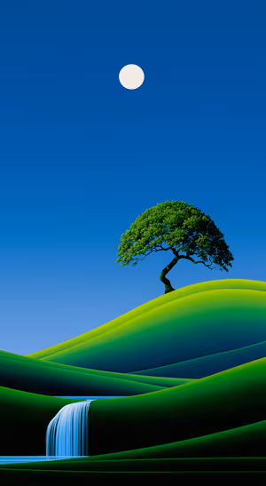 Minimalist lone tree with rolling green hills, moon and waterfall on deep blue sky ultra hd background