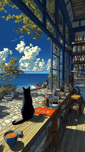 Cozy digital illustration of a seaside cat cafe with a black cat centered on blue ocean and warm wood tones, ultra HD.