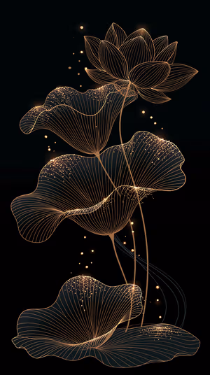 Elegant gold line art lotus and leaves centered on a black background in a luminous minimalist aesthetic, ultra hd