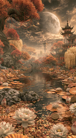 Fantasy lotus pond centered on a copper background in an autumn fantasy aesthetic.