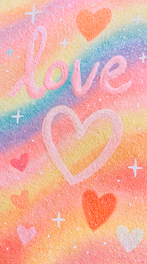 Watercolor love hearts and 'love' lettering on a pastel rainbow textured background in a dreamy hand drawn aesthetic, 8K Ultra HD.