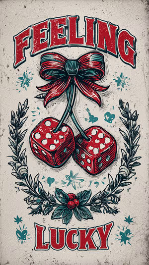 Retro tattoo style lucky dice tied with a bow centered on a textured cream background with red and teal accents, ultra HD.