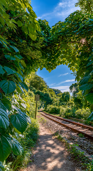 Scenic railway trail in a lush green nature style with blue sky and sunlit foliage.