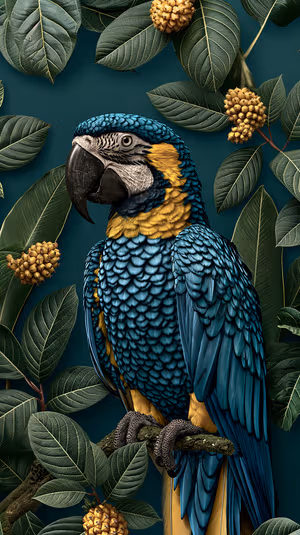 Botanical realism blue and gold macaw centered on a deep teal background with tropical leaves ultra HD 8K image.