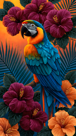 Vibrant tropical macaw perched among hibiscus on a teal orange sunset background ultra HD 8K phone background.