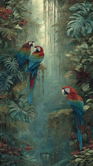 Painterly tropical macaws centered on a teal green rainforest background in a lush illustration aesthetic, ultra HD 8K.