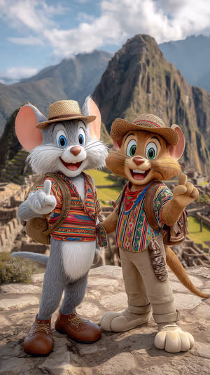 Cute cartoon mouse duo at Machu Picchu on a vibrant sky and mountain background in playful Andean cartoon aesthetic ultra HD image.