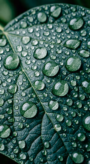 Macro leaf covered in water droplets on a deep green background with a moody nature aesthetic.