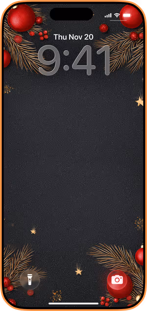 Wallpaper preview on iPhone 17 Pro Max running iOS 26 - Gold Pine & Red Baubles
