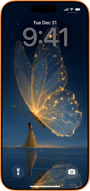 Wallpaper preview on iPhone 17 Pro Max running iOS 26 - Golden Butterfly Dream