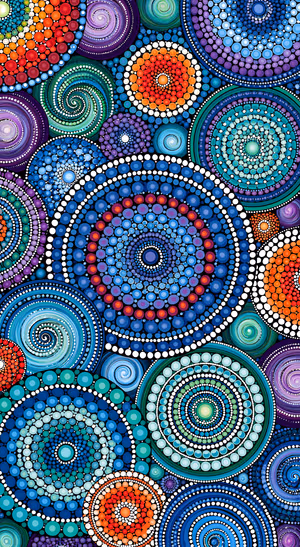 Abstract mandala circles in blue, teal, orange, and purple dot art style