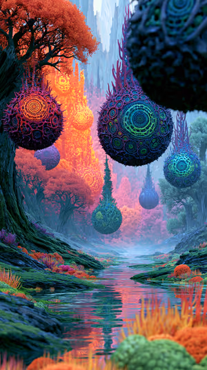 Surreal mandala orbs suspended above a neon teal, magenta, and orange forest ultra HD 8K mobile background.