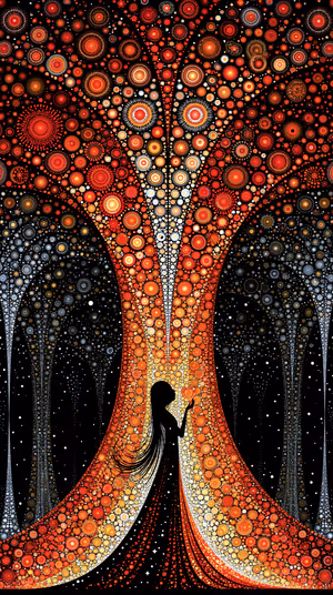 Abstract mandala silhouette framed by red, orange and gold circular motifs on a starry black background ultra HD 8K