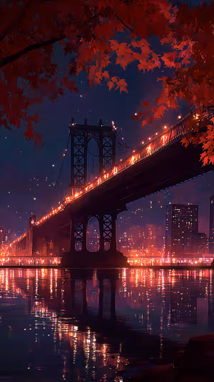 Cinematic night bridge framed by crimson maple leaves with glowing city lights and reflective water, ultra HD 8K