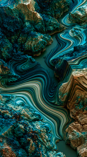 Abstract marble canyon with flowing layered striations on teal and earth tones in a surreal textured aesthetic, ultra HD.