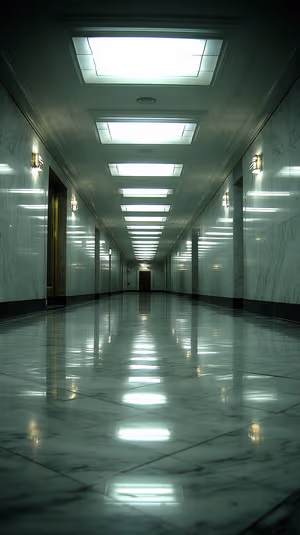 Minimalist marble corridor on green tinted background with reflective polished floor, cinematic mood ultra HD image.
