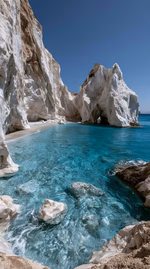 Photographic marble cove with white cliffs centered on turquoise sea in a crisp nature aesthetic.