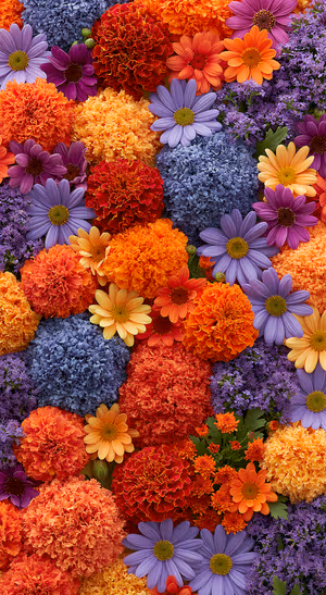 Macro floral marigold mosaic centered on orange and purple background in vibrant, textured aesthetic, ultra hd
