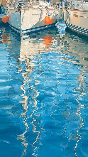 Painterly marina reflections centered on an aqua blue background with orange buoy accents, ultra HD image for iPhone