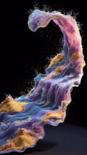 Abstract silk like strands centered on a deep black background with shimmering gold particles, ultra HD 8K