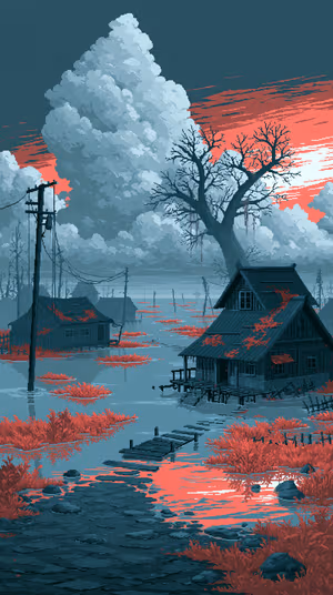 Retro pixel art marsh village with towering cloud and bare tree in teal and coral tones, ultra hd 8K background