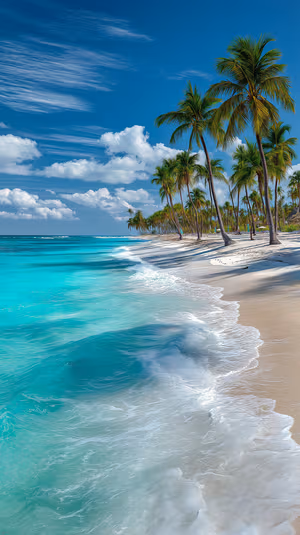 Sunlit tropical beach with swaying palm trees centered on turquoise water and white sand ultra HD 8K iPhone background.