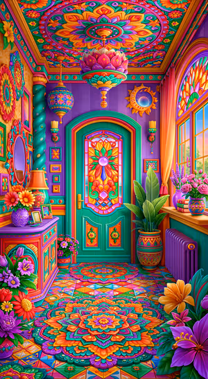 Maximalist ornate interior centered on a jewel tone background in a colorful mandala aesthetic.