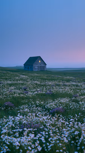 Minimalist pastoral barn centered in a blue lavender meadow at dusk ultra HD 8K background.