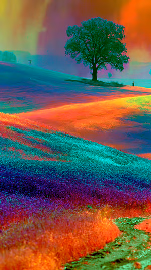 Psychedelic neon meadow with a solitary oak on teal, magenta and orange rolling fields ultra hd 8K background.