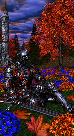Fantasy knight seated among red autumn trees, blue flowers, and a castle at dusk