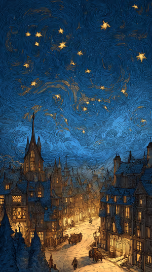 Painterly Van Gogh inspired medieval village street on a deep blue background with golden lamplight, ultra HD image
